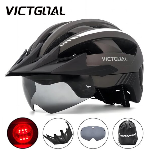 VICTGOAL Casco de bicicleta con gafas para hombre, luz trasera LED y visera solar, casco de ciclismo para mujer, casco de bicicleta de carretera MTB