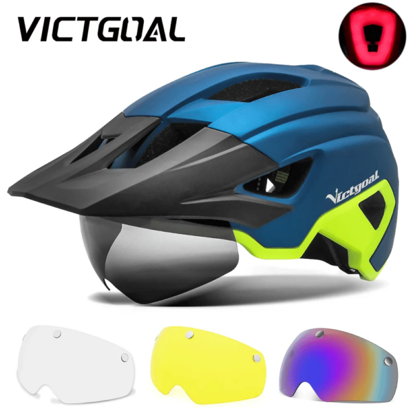 VICTGOAL MTB casco de bicicleta para hombres gafas con visera casco de ciclismo luz trasera LED lente magnética cascos de bicicleta de montaña de carreras de carretera