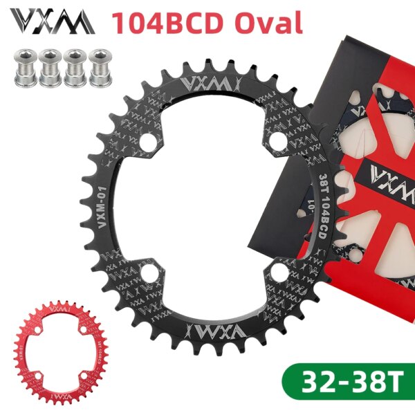 VXM 104BCD plato ovalado 32T 34T 36T 38T rueda dentada ancha y estrecha MTB bicicleta de montaña bielas de bicicleta diente 104 BCD 4 pernos tornillo