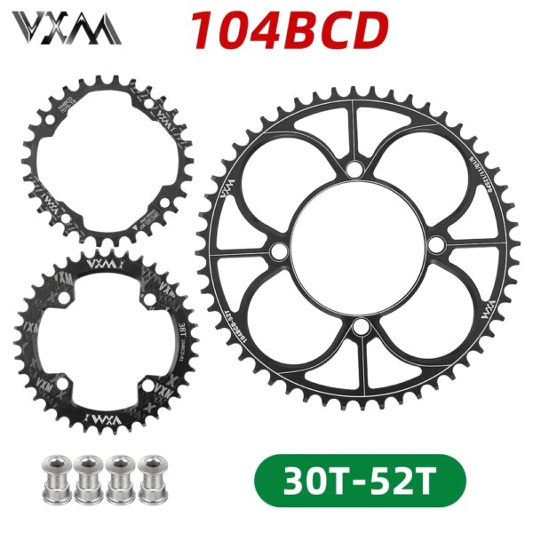 VXM 104BCD con 4 pernos 40T 42T 44T 46T 48T 50T 52T rueda dentada de bicicleta de montaña platos y bielas MTB plato redondo ancho estrecho 104 BCD