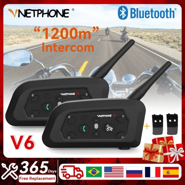 Vnetphone V6 intercomunicador de motocicleta Bluetooth5.0 casco auriculares impermeables 6 conductores 1200m comunicador 850mAh interfono V6 Pro