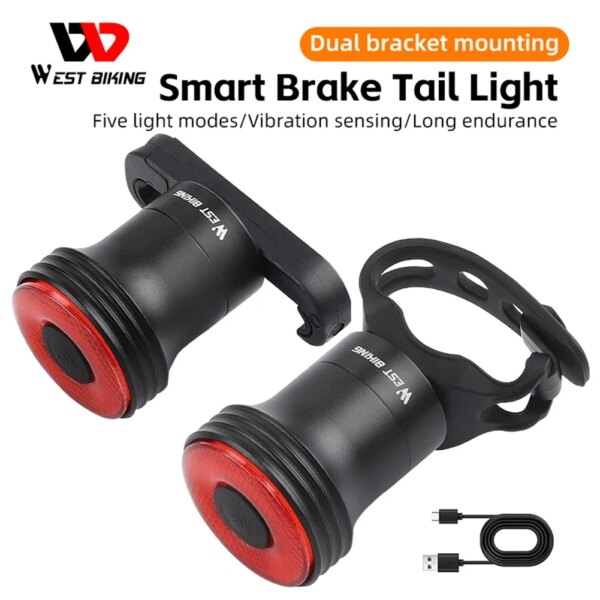 WEST BIKING-luz trasera de freno inteligente para bicicleta, luz LED de advertencia de 400mAh, aleación de aluminio tipo C, equipo de ciclismo recargable por USB