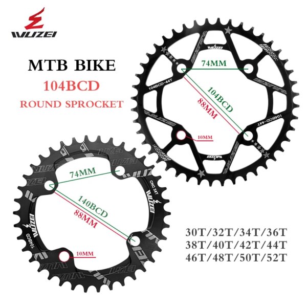 WUZEI MTB Bike 104BCD Chainwheel estrecho ancho forma redonda 30/32/34/36/38/40/42/44/46/48/50/52T plato de bicicleta placa única