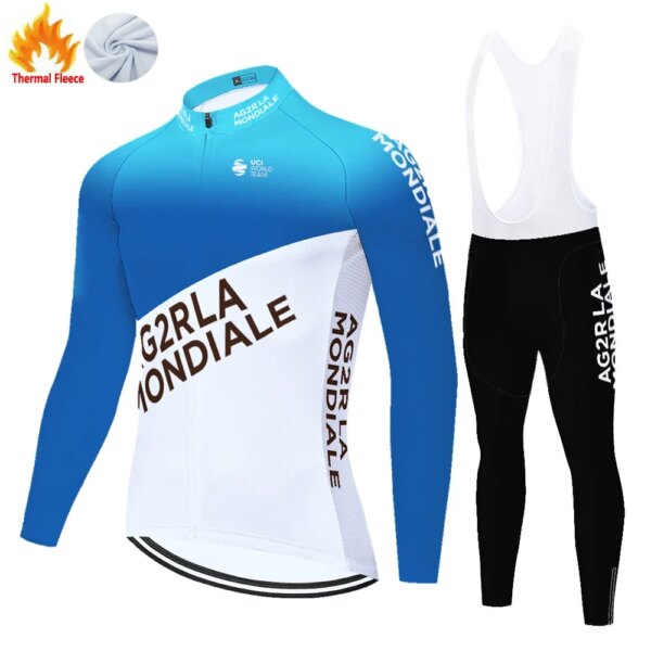 Conjunto de jersey de ciclismo AG2R para invierno, ropa térmica de lana para exteriores 20D, ropa de bicicleta de manga larga, tenue velo homme, 2024