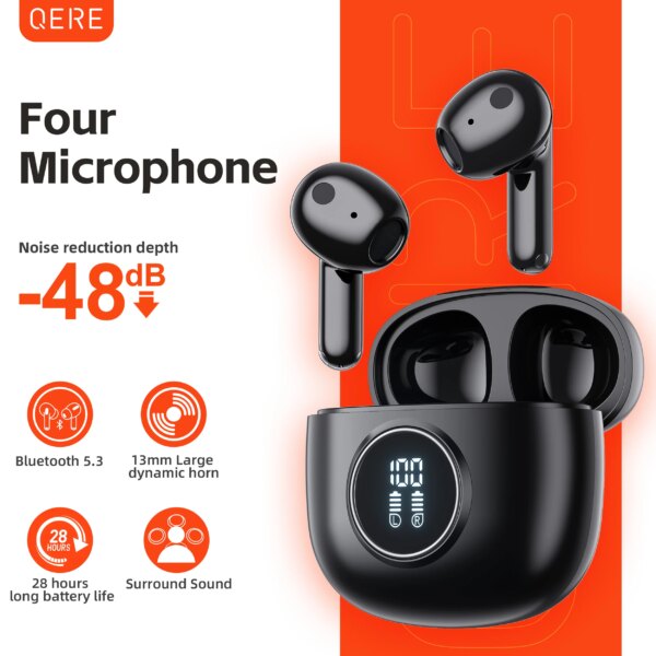 Auriculares inalámbricos, QERE E40, NUEVO TWS Bluetooth 5,3, micrófono HD, auriculares HIFI, controlador de 13mm, baja latencia 60ms, 4 micrófonos + llamada ENC