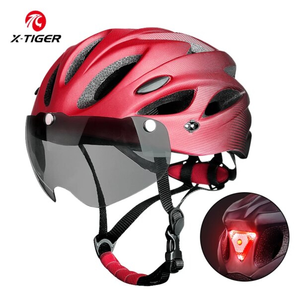 X-TIGER Casco de bicicleta para adultos con luz trasera LED, gafas de modo dual, casco de ciclismo apto para cascos de bicicleta ligeros y transpirables de 58-62 cm