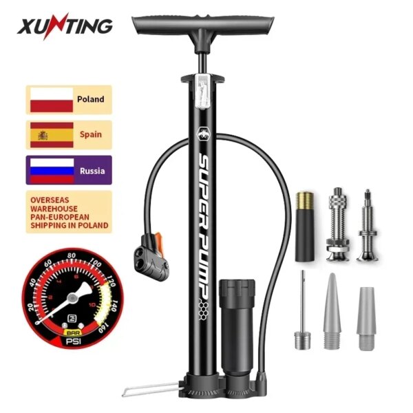 Xunting Bike Super Hand Air Floor Pump Válvulas Presta Schrader MAX 160PSI Multiusos para Bicicleta Road Balls Scooter y más