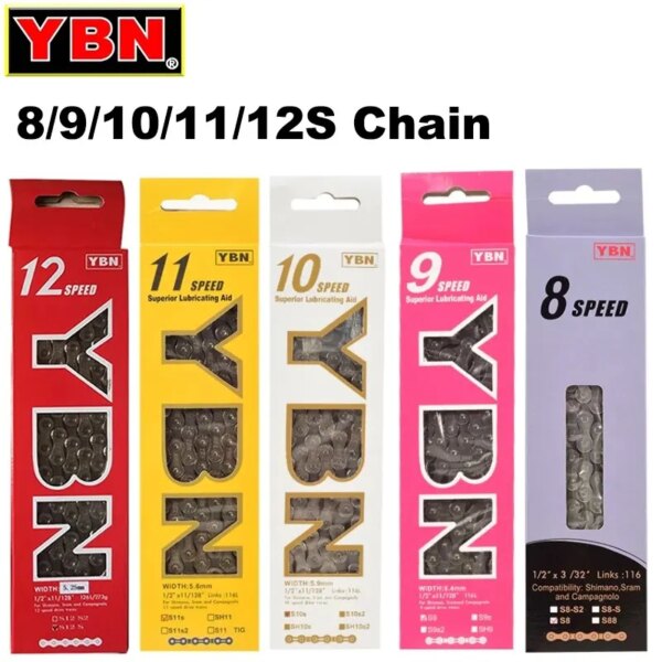 YBN 8/9/10/11/12S Cadena MTB Mountain Road Bike Cadenas 8 9 10 11 12 Velocidad Hueco Bicicleta Cadena de eslabón rápido para M6100 M7100