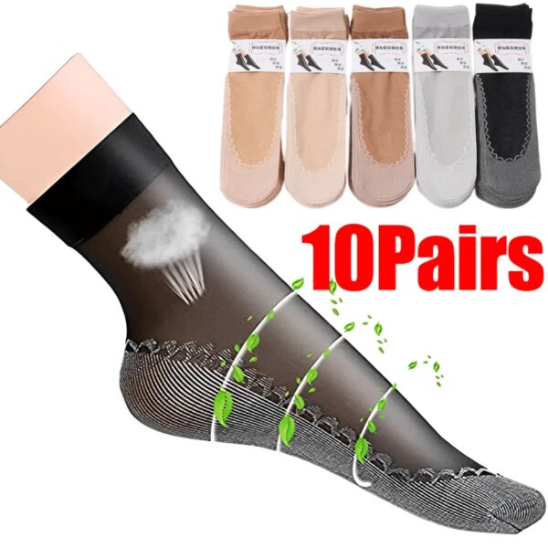 1/10 pares de calcetines de verano para mujer antideslizantes de algodón absorbente de sudor fino suave transpirable moda Sexy calcetín de seda señoras calcetín transparente