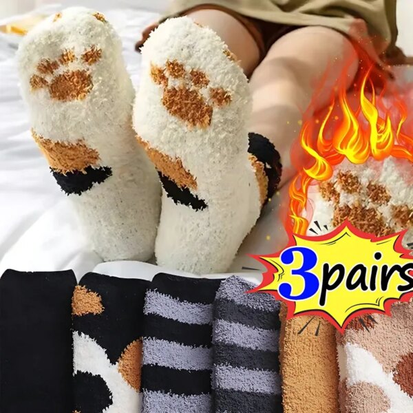 1/3 pares de calcetines de invierno para mujer, calcetines Kawaii con dibujos animados en 3D de perro y gato, estampado de huella, lana gruesa, calcetín para dormir cálido para el suelo del hogar