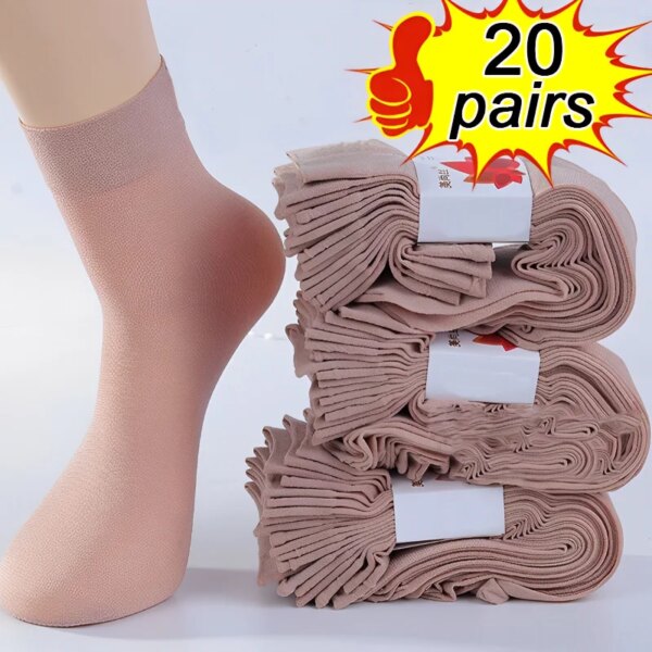 10/20 pares de calcetines ultrafinos de piel para mujer, calcetines de seda de cristal negro, calcetines tobilleros cortos de verano para mujer, medias elásticas antideslizantes sexis