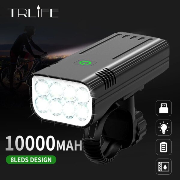 Luz de bicicleta 8T6 de 10000LM, luz trasera recargable por USB integrada de 10000mAh, faro delantero para bicicleta de montaña, linterna frontal para ciclismo