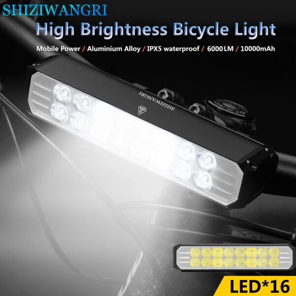 Faro LED de 16 x para bicicleta, luz Led para bicicleta, lámpara frontal recargable de 10000Mah, luz delantera para bicicleta, accesorios para bicicleta