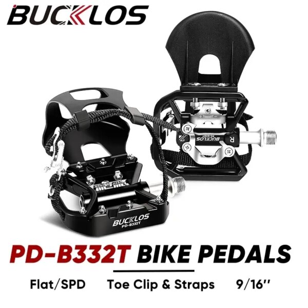 BUCKLOS-Pedal de bloqueo para bicicleta de montaña, con Clip para el dedo del pie, doble función, plano/SPD, pedales de bicicleta de montaña de 9/16 pulgadas, rodamiento sellado