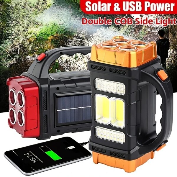 Linternas Led de alta potencia, antorcha de Camping, luz de trabajo, carga Solar, 4 engranajes, luz recargable por USB, luz impermeable para exteriores