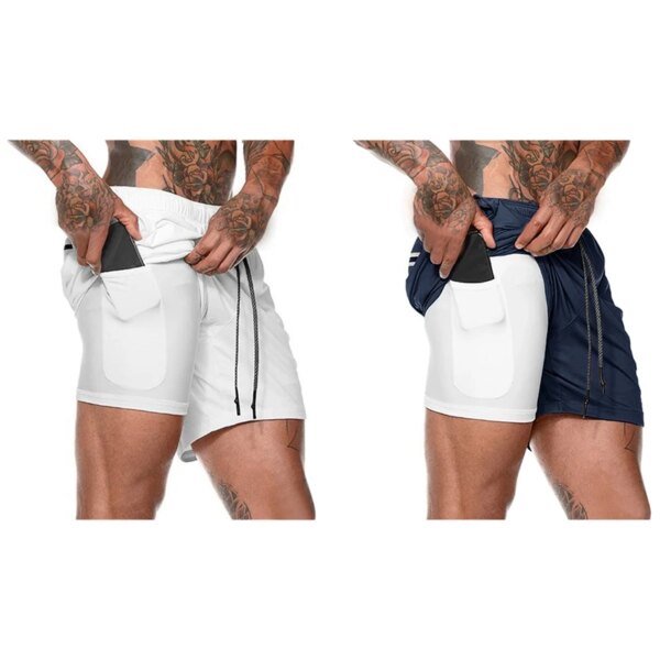 Pantalones cortos deportivos de malla de doble capa para hombre, 2 uds., pantalones cortos para gimnasio y correr, pantalones de secado rápido, pantalones cortos de ciclismo, blanco L y azul L