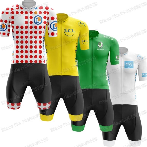 Conjunto de Jersey de ciclismo líder TDF de Francia, ropa de ciclismo de lunares, amarillo, verde y blanco, camiseta para bicicleta de carretera, traje, pantalones cortos con pechera, 2023