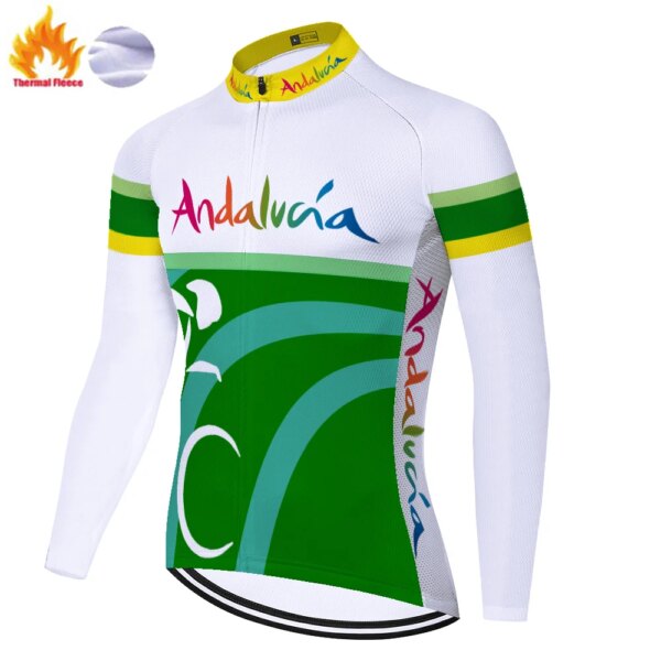 Jersey de ciclismo del equipo español de Andalucía para hombre, ropa térmica de lana de manga larga para ciclismo, tela de jersey, invierno, 2023