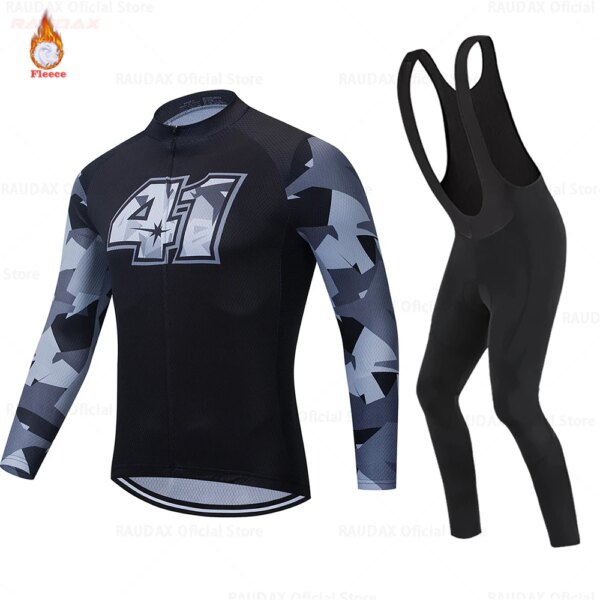 Conjunto de Jersey de ciclismo térmico de lana para hombre, ropa de bicicleta de manga larga, conducción al aire libre, ropa de ciclismo de montaña, pantalones con pechera, invierno 2024