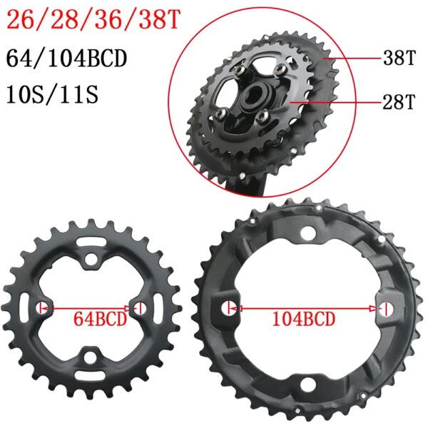 Plato duradero 24/26/28T 64BCD, piñón 36/38T 104BCD, rueda dentada para bicicleta de montaña 10/11S