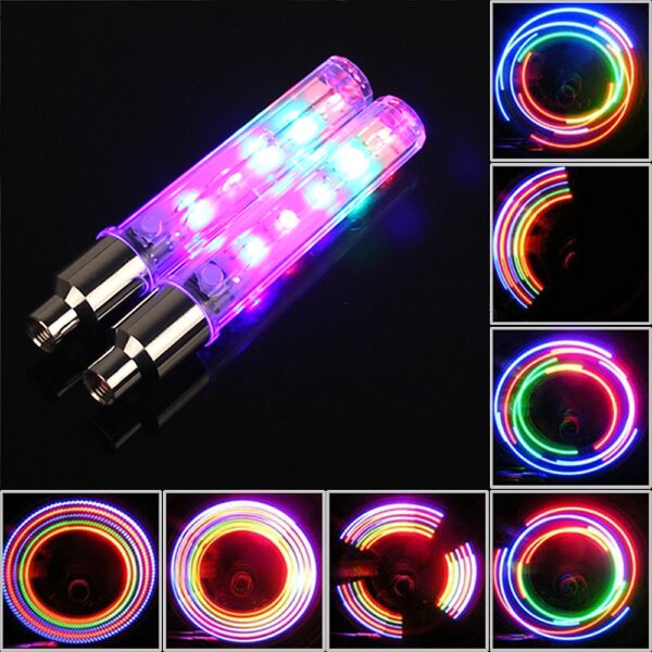 2 uds bicicleta rueda neumático válvula tapa radios neón 5 luces LED lámpara 32 cambios con 6 pilas de botón