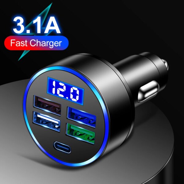 Cargador de coche USB 3.1A 4, adaptador de encendedor de cigarrillos PD tipo C, cargador USB para coche con carga rápida LED para teléfono inteligente y móvil