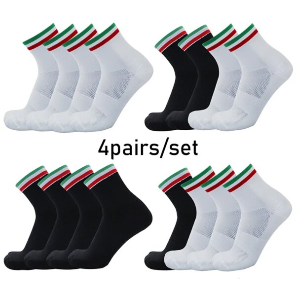 4 par/set Calcetines de Ciclismo a rayas verdes, blancas y rojas, Calcetines para deportes de bicicleta de carreras al aire libre para hombres y mujeres, Calcetines transpirables para Ciclismo