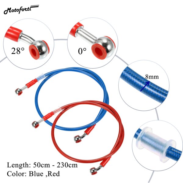 50 cm - 230 cm de longitud 28 ° 0 ° Línea de freno hidráulico de motocicleta Tubo de manguera de aceite Cable trenzado de acero inoxidable para motocicletas