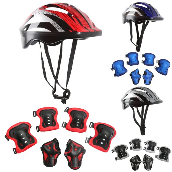 Juego de 7 Uds de equipo de protección deportiva para bicicleta, juego de almohadillas para casco de patinaje de seguridad ajustable para niños de 48-55cm para monopatín/bicicleta/patinaje/ciclismo