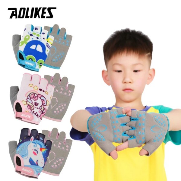 AOLIKES Guantes de ciclismo para niños, patín de medio dedo, guantes de bicicleta de montaña para niños, guantes deportivos para niños y niñas