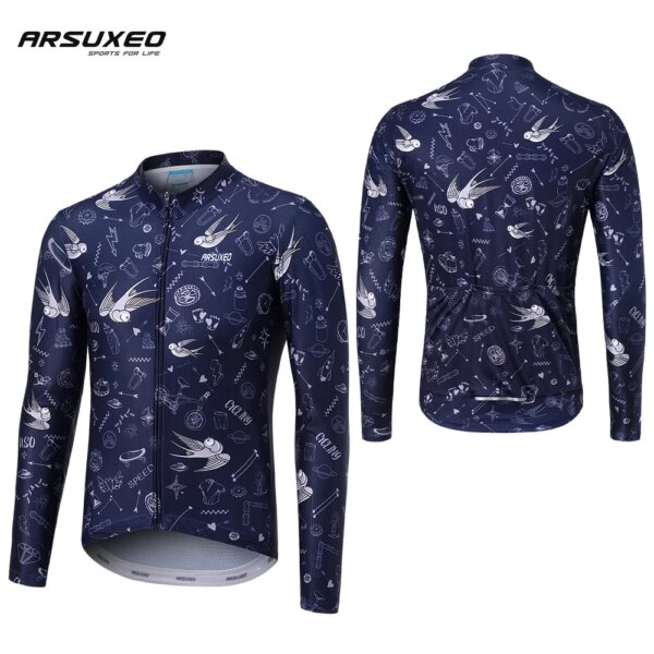 ARSUXEO-Camiseta de ciclismo para hombre, camiseta de manga larga para bicicleta de montaña, ajustada, reflectante, con bolsillo y cremallera