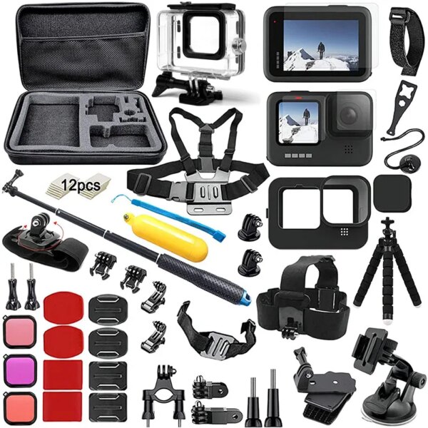 Kit de accesorios para Gopro Hero 12 11 10 9 bolsa de transporte negra funda carcasa impermeable juego de trípode para Go Pro Hero12 Hero11 10 9