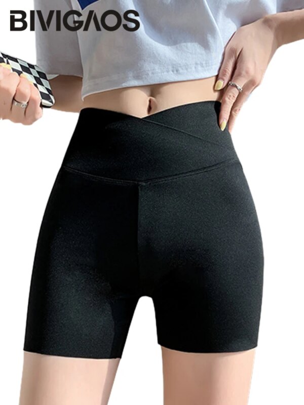 BIVIGAOS, pantalones cortos finos cruzados de verano para mujer, pantalones cortos de tiburón de cintura alta, pantalones cortos elásticos deportivos para correr y ciclismo, Mini pantalones cortos sexis con cintura en V para Fitness