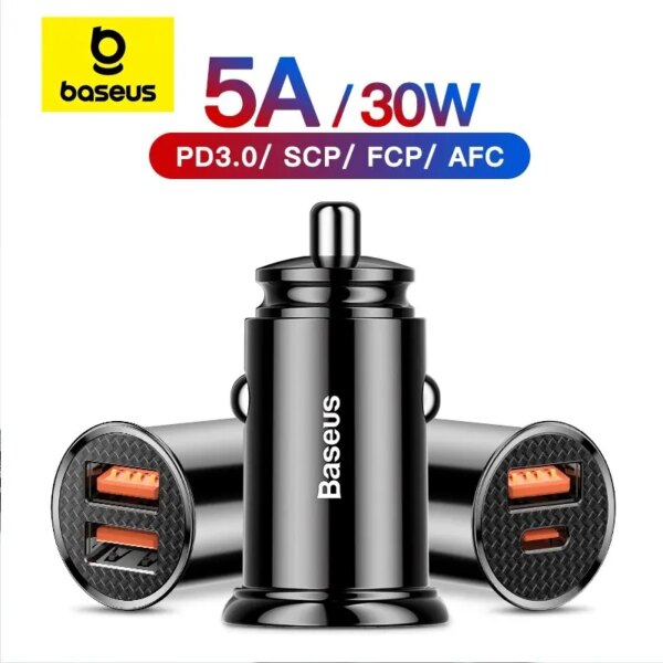 Cargador de coche USB Baseus de 30W, carga rápida 4,0 3,0 FCP SCP USB PD para Xiaomi iPhone 12 13 14 Pro, cargador de teléfono de coche de carga rápida