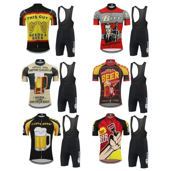 Conjunto de jersey de ciclismo de cerveza para hombre, ropa de ciclismo de manga corta, conjunto de jersey, pantalones cortos con pechera, almohadilla de Gel 9D, 6 estilos