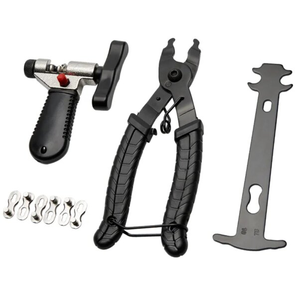 Juego de herramientas para cadena de bicicleta, herramientas de reparación de bicicletas, abridor de cadena cortador de cadena, alicates para hebilla de cadena, herramienta indicadora de desgaste, accesorios de pie