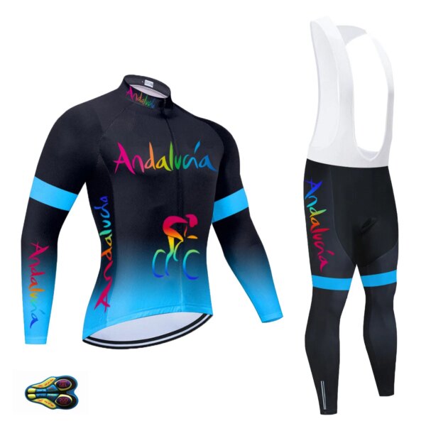 Camiseta de ciclismo de Andalucía para hombre, conjunto de babero 20D, uniforme azul, ropa de bicicleta de secado rápido, ropa larga de ciclismo, otoño 2021