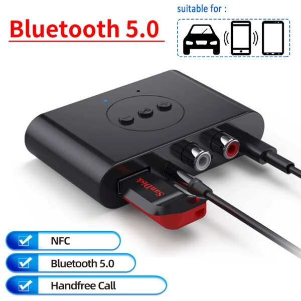 Receptor de Audio Bluetooth 5,0, disco U, NFC, RCA, 3,5mm, 3,5, AUX, Jack, adaptador inalámbrico de música estéreo con micrófono para Kit de altavoz de coche