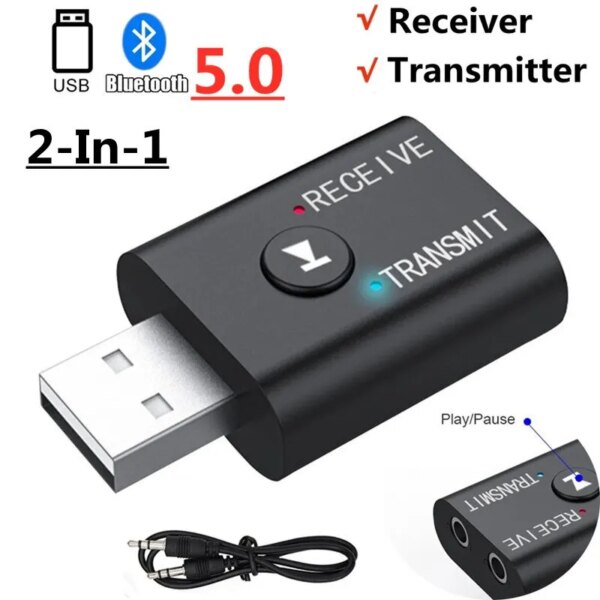 Receptor y transmisor de Audio Bluetooth 5,0, conector auxiliar de 3,5mm, RCA, Dongle USB, adaptador inalámbrico estéreo para TV, Kit de coche, altavoz y auriculares