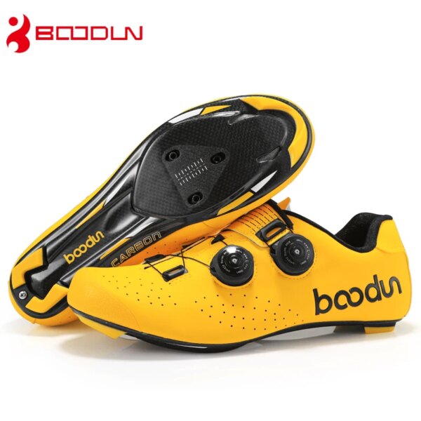 Boodun-zapatos de ciclismo de carretera de fibra de carbono, zapatillas ultraligeras con hebilla de doble columna, color negro, rojo y amarillo