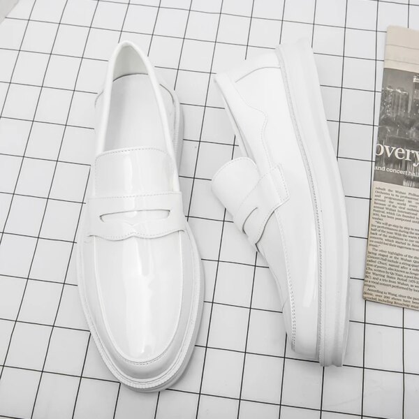 Mocasines de marca para hombre, zapatos de vestir blancos para oficina, zapatos de vestir de boda con cordones y punta redonda, zapatos de cuero negros brillantes, zapatos informales para hombre