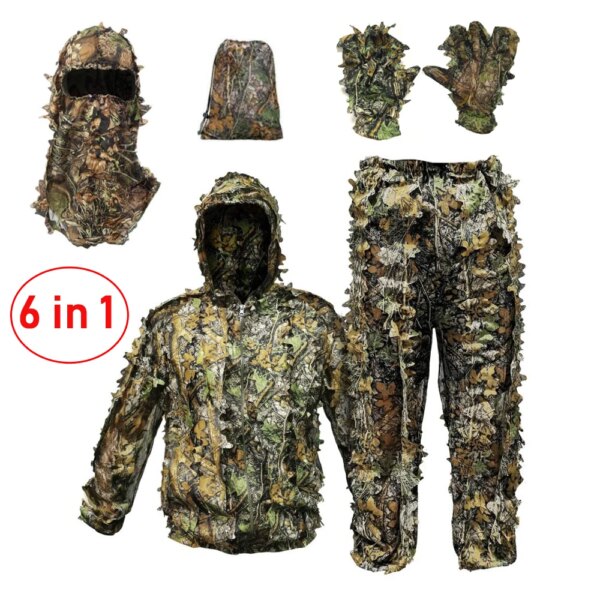 Traje de caza de camuflaje transpirable para hombre y mujer, traje ghillie de cazador de bosque, ligero y con capucha, diseño de hojas salvajes, 6 en 1