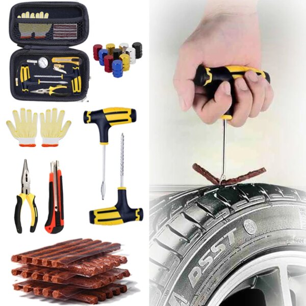 Kit de Reparación de neumáticos de coche, herramienta de tachuelas con tiras de goma, juego de herramientas de tapón para perforaciones, sin pegamento, película para neumáticos de reparación de motocicletas y automóviles