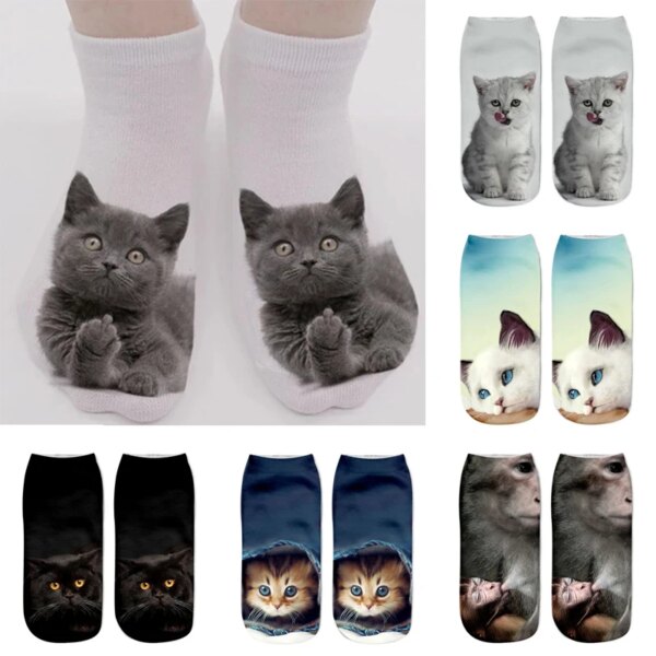 Calcetín de gato de dibujos animados, tobillera de algodón con estampado de gato en 3D, calcetines deportivos de corte bajo, calcetines casuales de diseñador bonitos para mujer y niña, calcetines de ciclismo