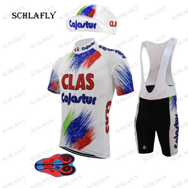 Clas Cajastur Conjuntos de camisetas de ciclismo 9d Cojín de silicona Verano Manga corta Jersey Pantalones con pechera Ropa de bicicleta Gorra de ciclismo Schlafly