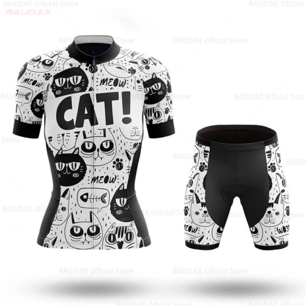 Ropa de ciclismo transpirable para mujer, Jersey de ciclismo con gato de dibujos animados blanco, ropa de bicicleta antipilling de verano, camiseta de equipo de bicicleta de carretera