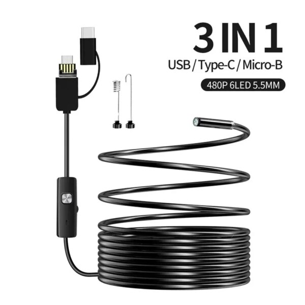 Cámara endoscópica USB-C cámara de inspección por boroscopio con 6 luces LED cámara de serpiente Flexible impermeable para teléfono Android OTG PC