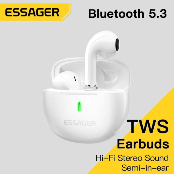 Essager auriculares inalámbricos Bluetooth 5,3 auriculares TWS Mini auriculares con estuche de carga micrófono semi intrauditivos para todos los teléfonos