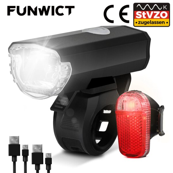 FUNWICT-Juego de luces para bicicleta, faro LED StVZO con USB, lámpara delantera y trasera para bicicleta de montaña, accesorios para bicicleta eléctrica