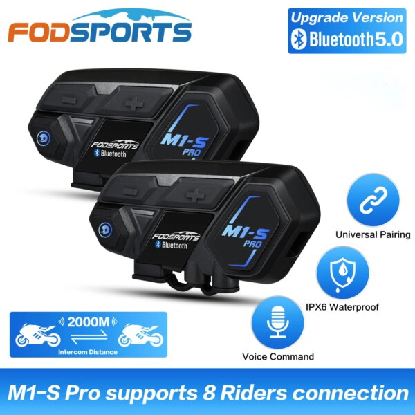 Fodsports M1-S Pro Intercomunicador para casco de motocicleta 2000M Auriculares inalámbricos con Bluetooth Intercomunicador Moto 8 auriculares para conductores